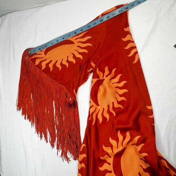 Farm Rio x Anthropologie One-Shoulder Fringe Dress Sun Crescent Moon Orange XS - Picture 10 of 16
